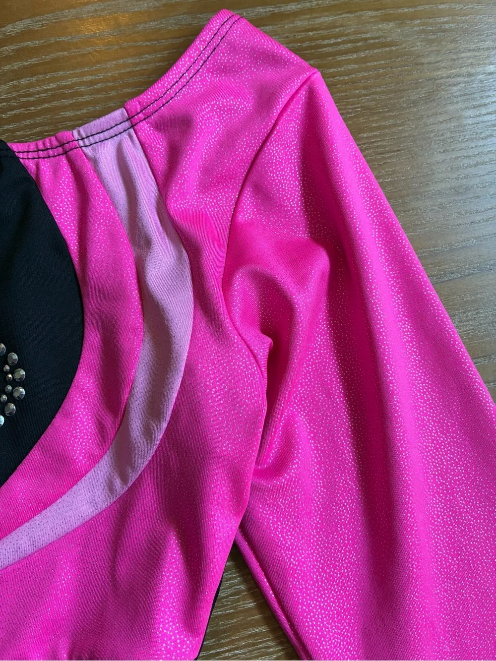 Danskin freestyle Black and Hot Pink Gymnastics Leotard Rhinestones shimmer 7/8
